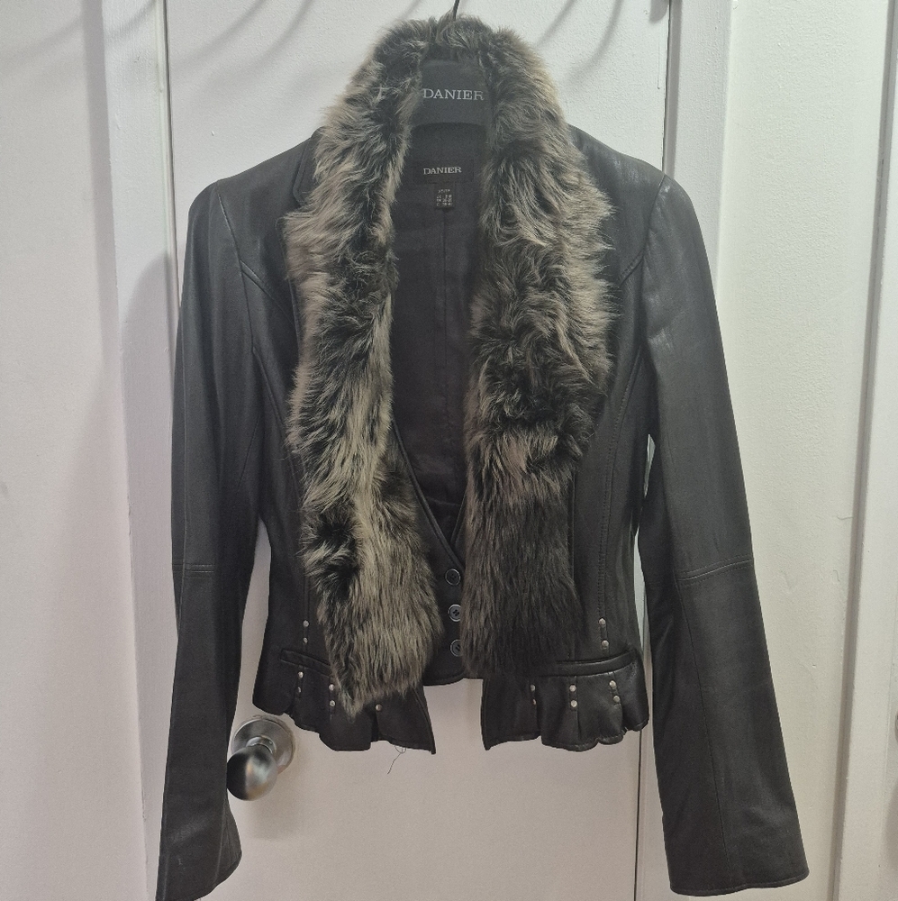 Danier Dark Brown Leather Jacket with Real Fur Collar